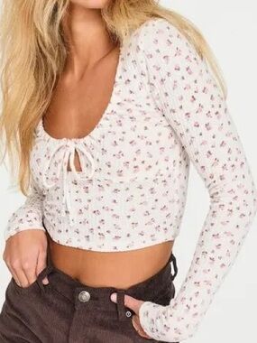 Aeropostale White & Pink Floral Tie-Front Knit Crop Top